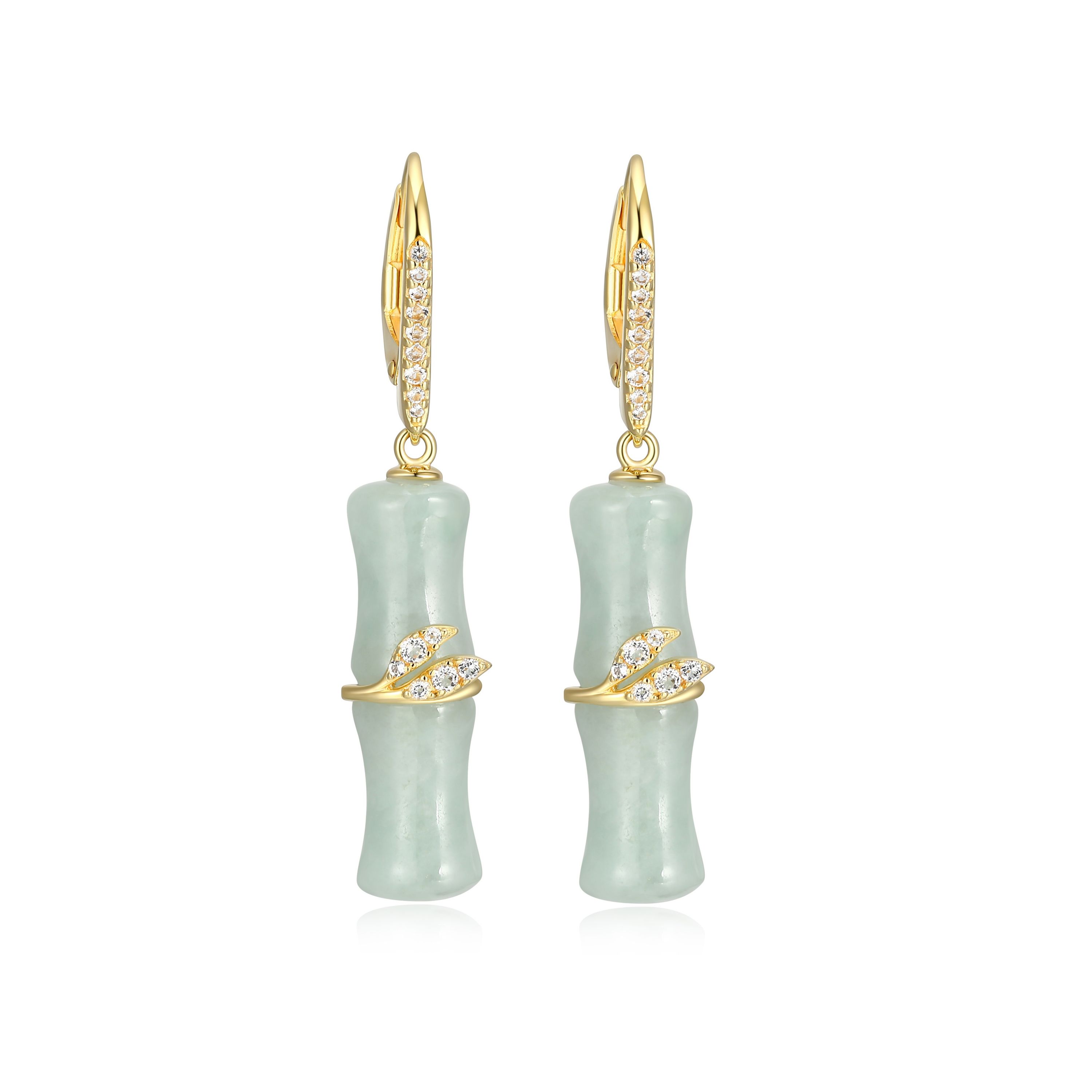 Genuine Jade Bamboo Motif Earrings With White Topaz In 18k Yellow Gold Plated Sterling Silver