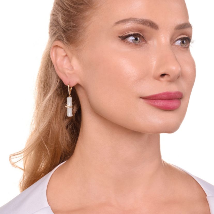 Genuine Jade Bamboo Motif Earrings With White Topaz In 18k Yellow Gold Plated Sterling Silver