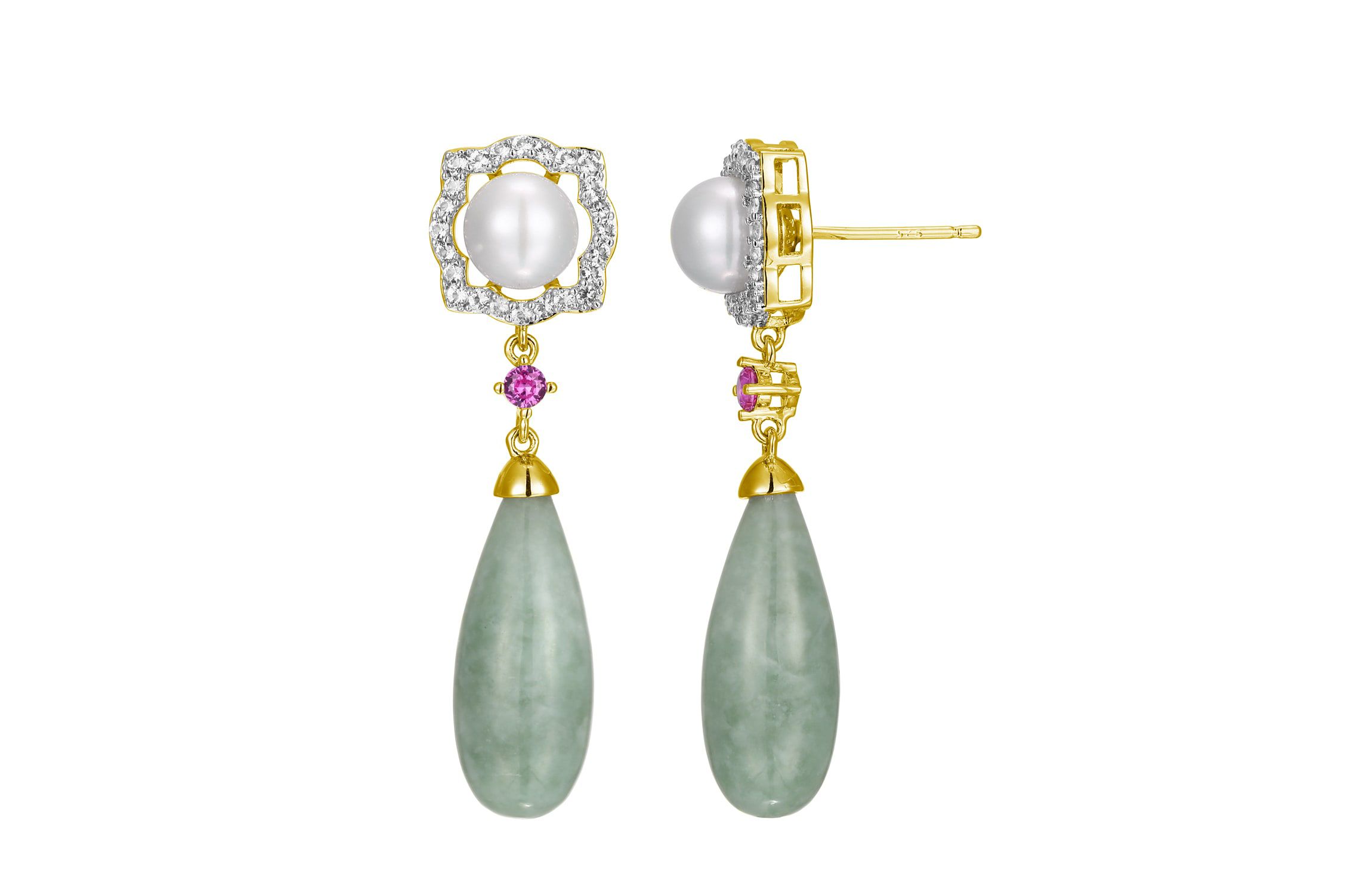 Genuine Jade & White Pearl Drop Earrings in 18K Gold Plated Sterling Silver
