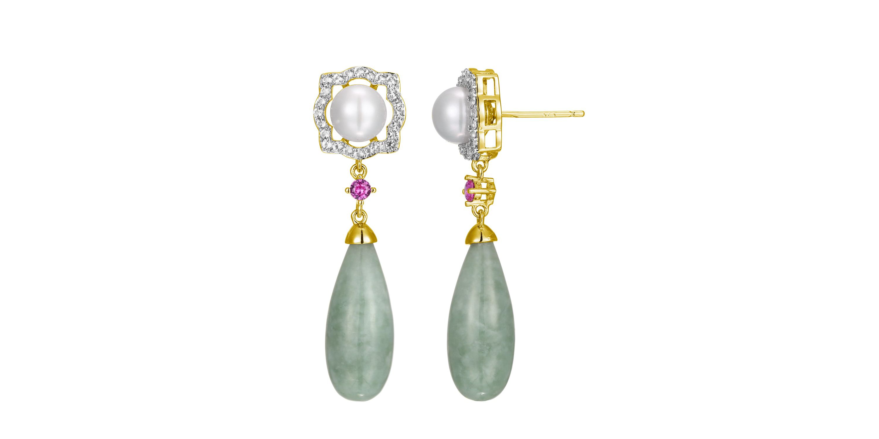 Genuine Jade & White Pearl Drop Earrings in 18K Gold Plated Sterling Silver