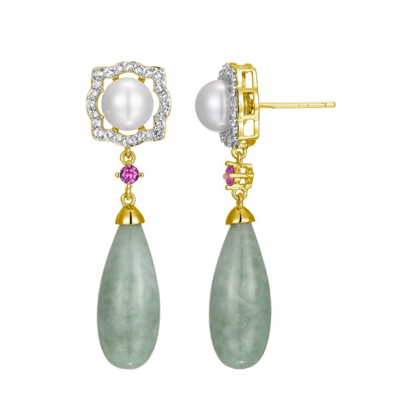Genuine Jade & White Pearl Drop Earrings in 18K Gold Plated Sterling Silver
