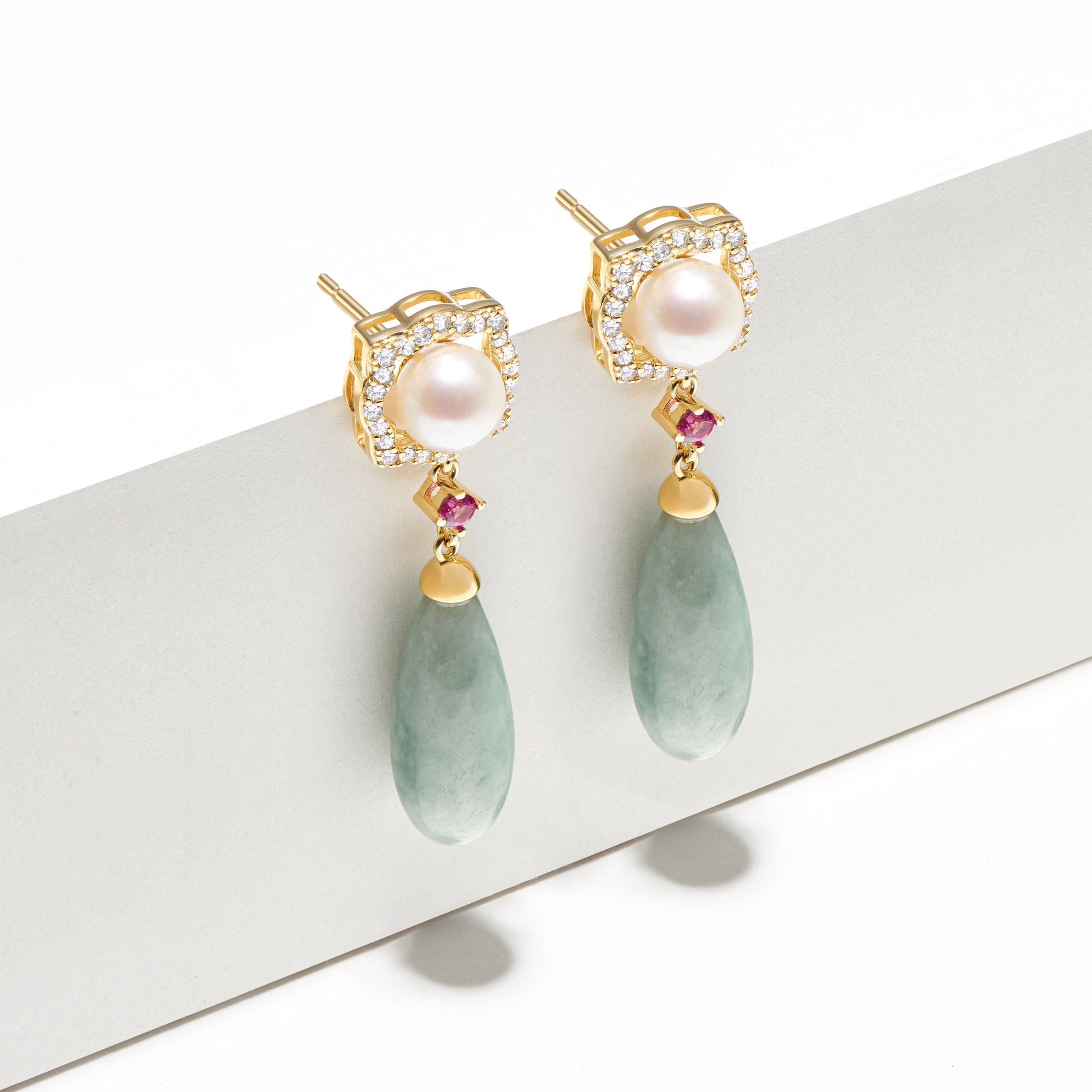 Genuine Jade & White Pearl Drop Earrings in 18K Gold Plated Sterling Silver