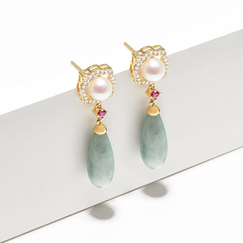 Genuine Jade & White Pearl Drop Earrings in 18K Gold Plated Sterling Silver
