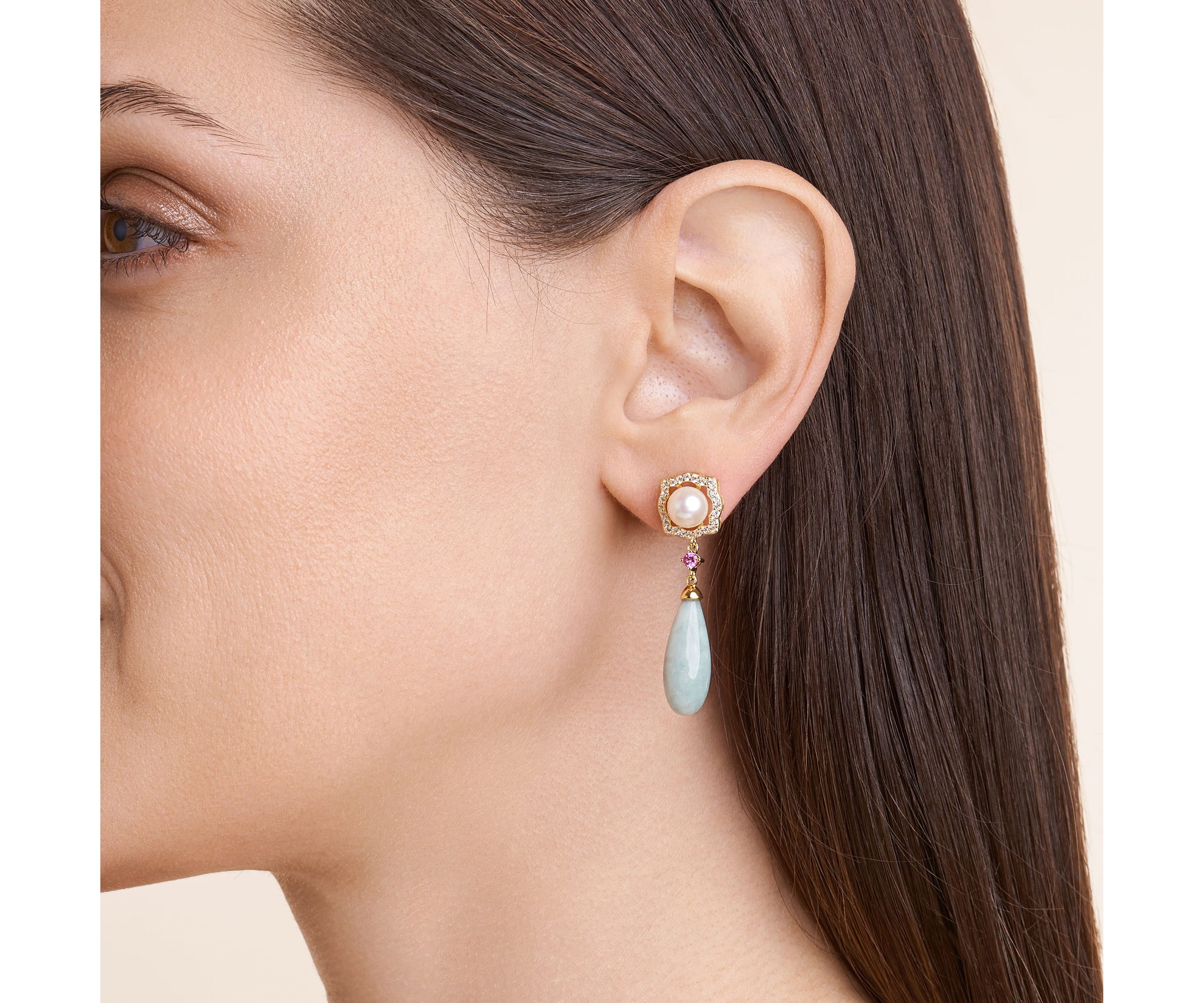 Genuine Jade & White Pearl Drop Earrings in 18K Gold Plated Sterling Silver