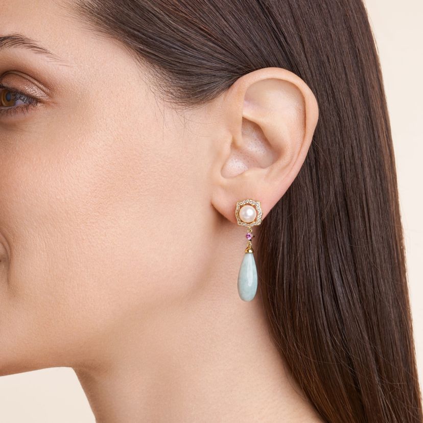 Genuine Jade & White Pearl Drop Earrings in 18K Gold Plated Sterling Silver