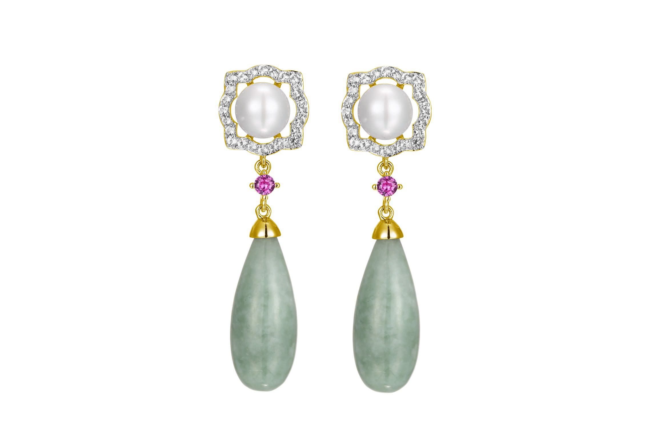 Genuine Jade & White Pearl Drop Earrings in 18K Gold Plated Sterling Silver