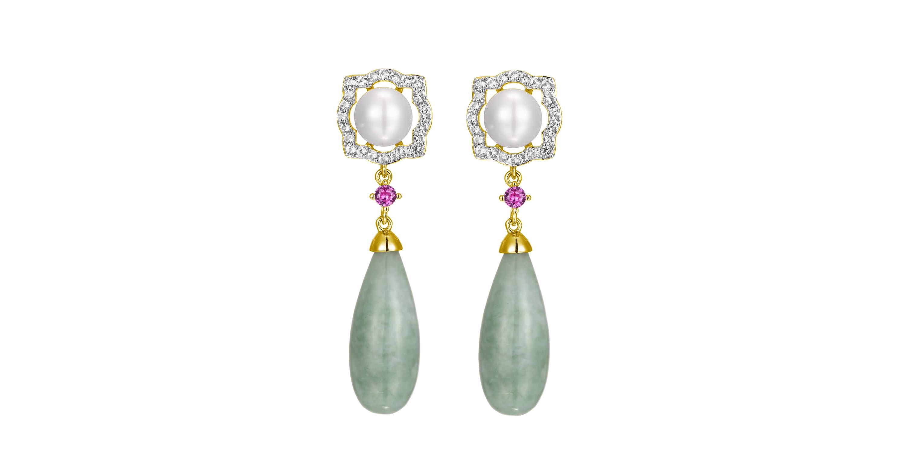 Genuine Jade & White Pearl Drop Earrings in 18K Gold Plated Sterling Silver