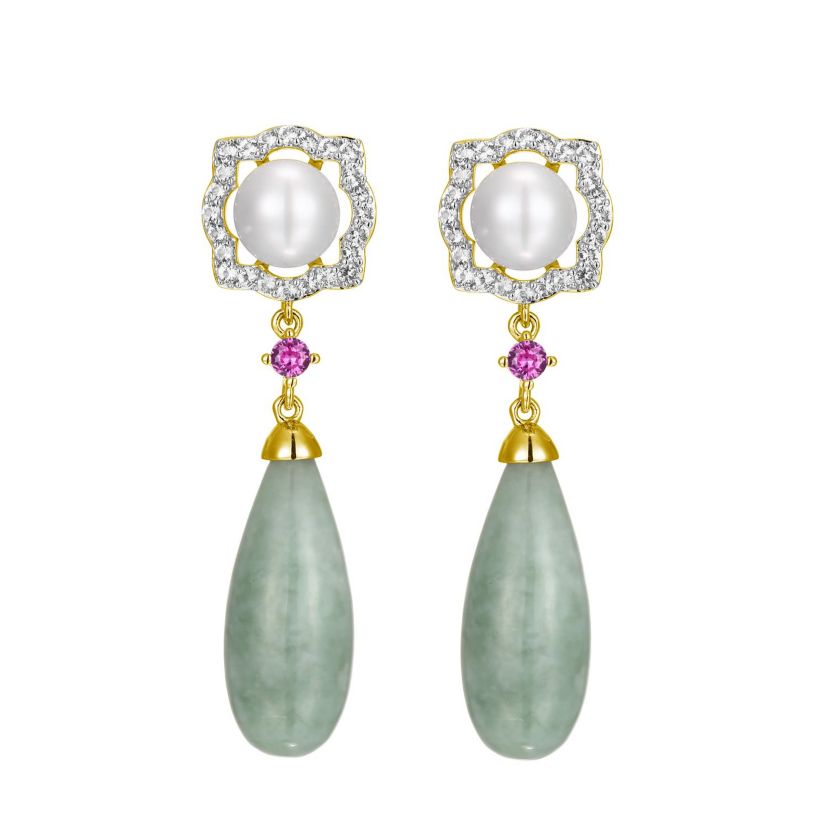 Genuine Jade & White Pearl Drop Earrings in 18K Gold Plated Sterling Silver