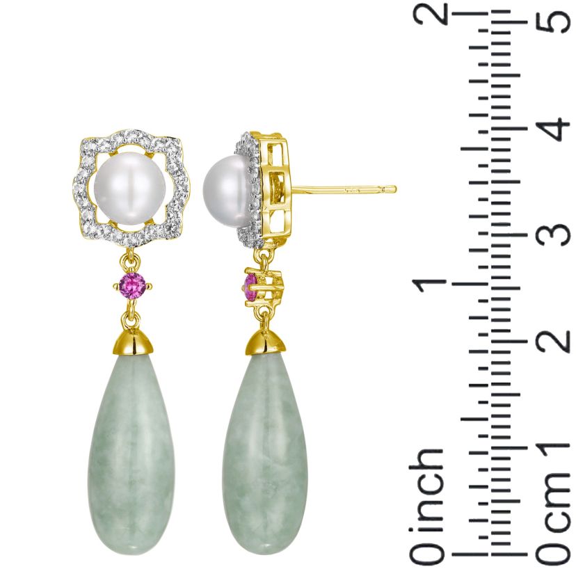 Genuine Jade & White Pearl Drop Earrings in 18K Gold Plated Sterling Silver
