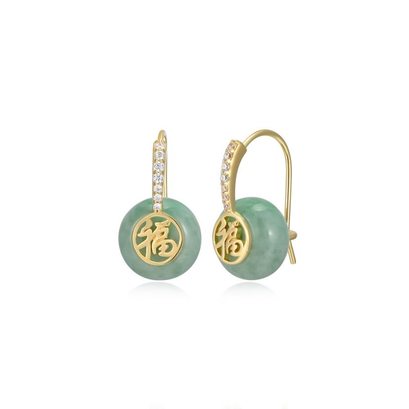 Good Fortune Jade Button Drop Earrings With Cubic Zirconia in 18K Yellow Gold Plated Sterling Silver