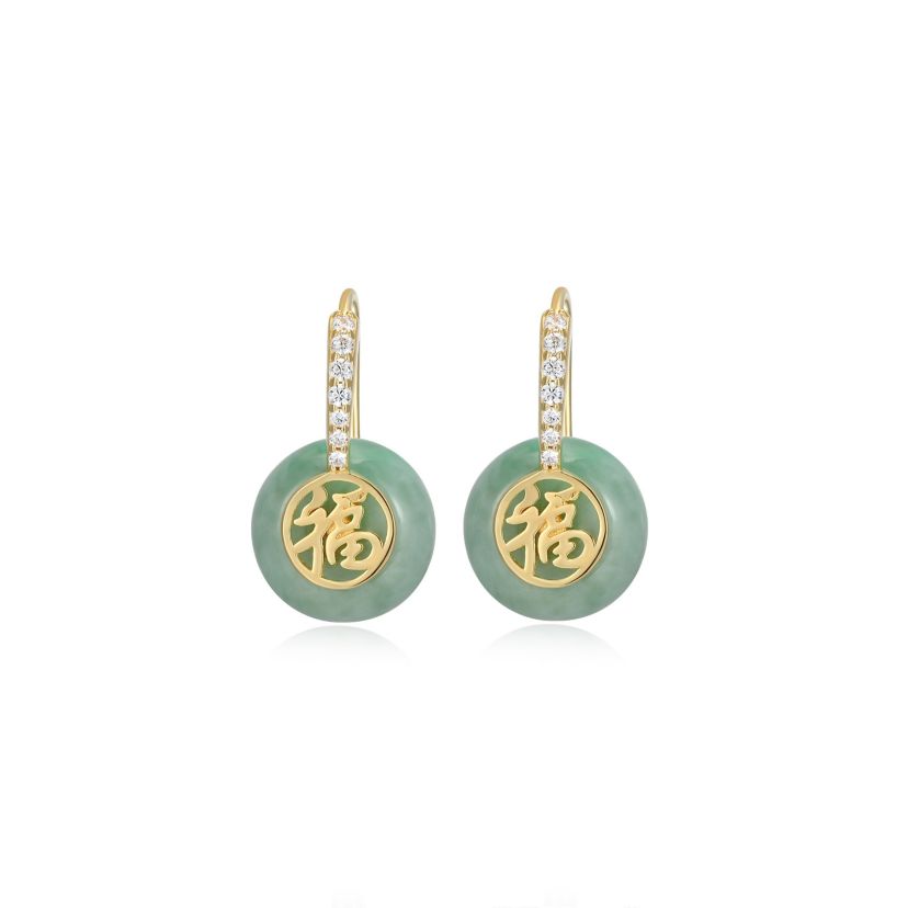 Good Fortune Jade Button Drop Earrings With Cubic Zirconia in 18K Yellow Gold Plated Sterling Silver