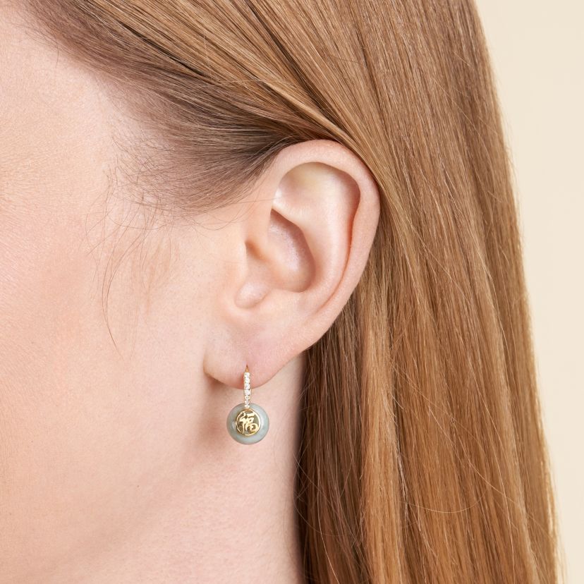 Good Fortune Jade Button Drop Earrings With Cubic Zirconia in 18K Yellow Gold Plated Sterling Silver