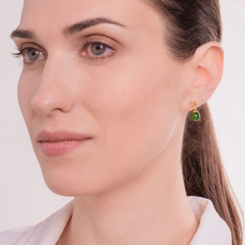Genuine Nephrite Jade Bead Drop Earrings In Sterling Silver