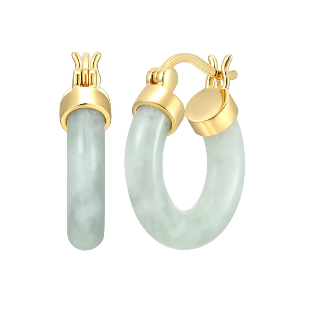 18k Yellow Gold Plated Sterling Silver Carved Genuine Green Jade 18mm Hoop Earrings