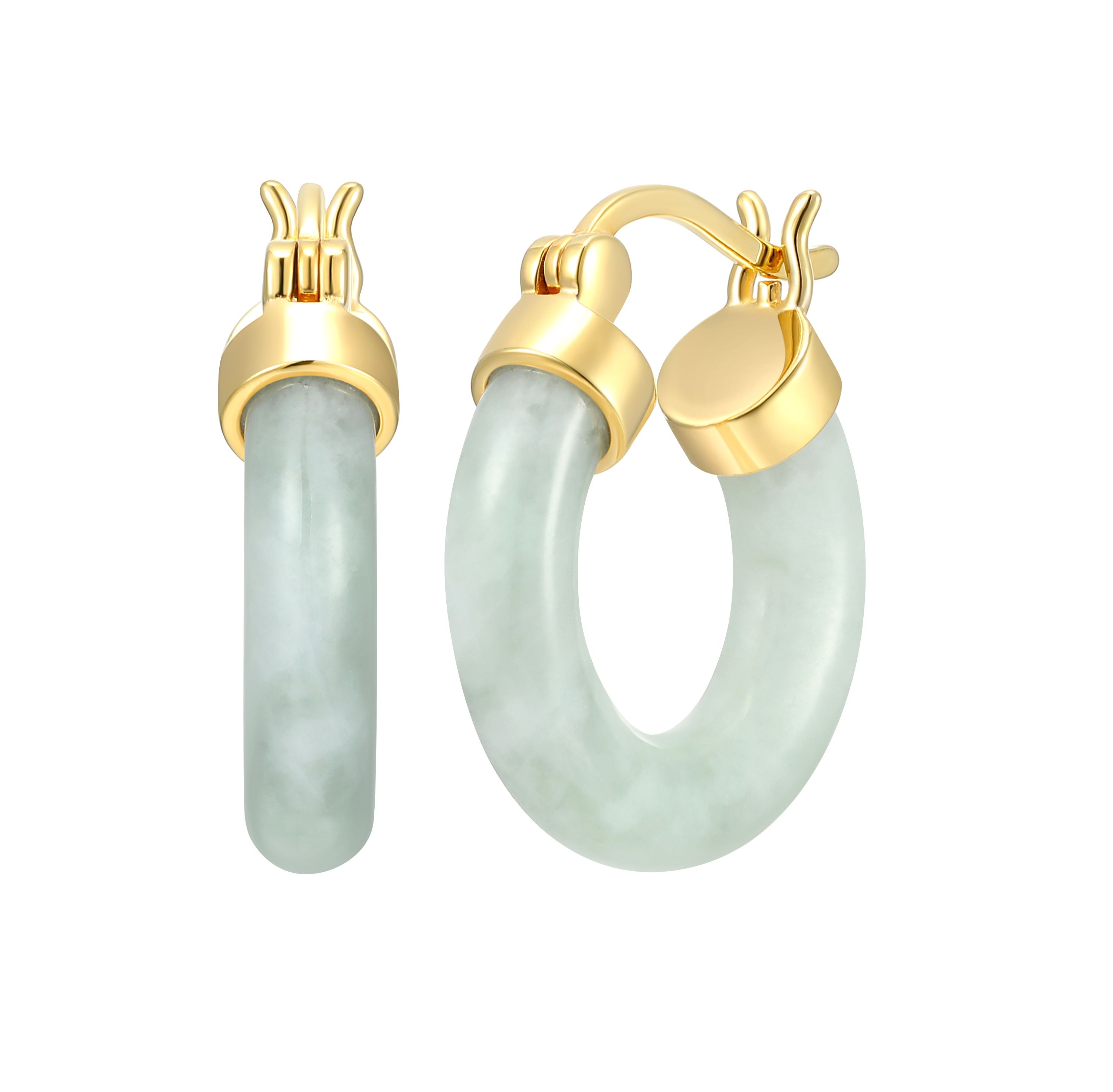 18k Yellow Gold Plated Sterling Silver Carved Genuine Green Jade 18mm Hoop Earrings