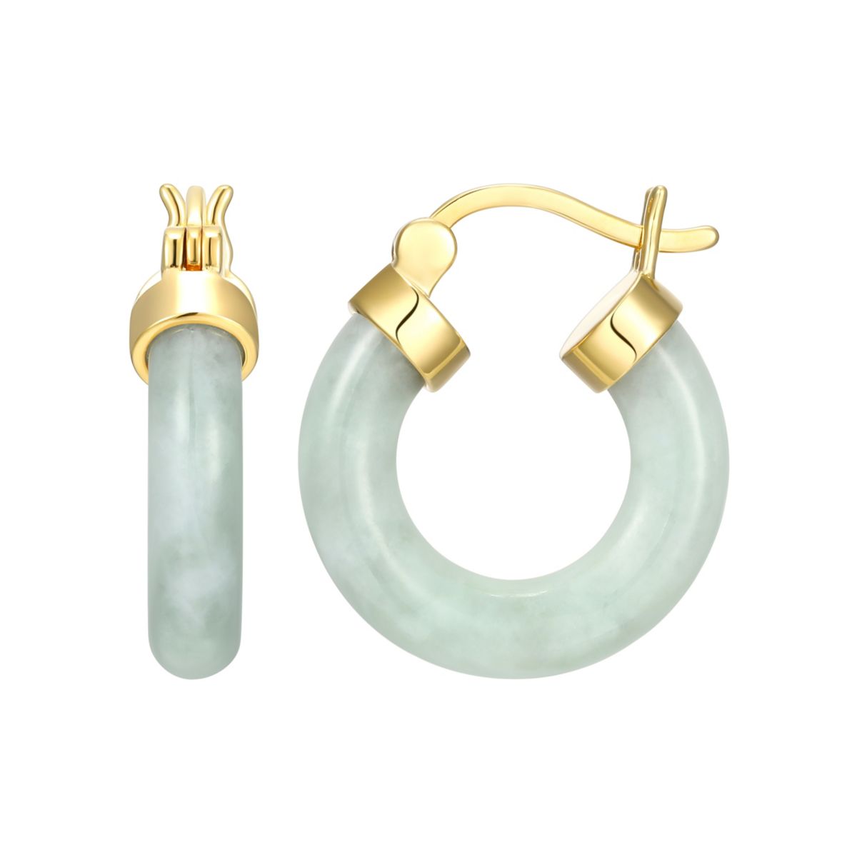 18k Yellow Gold Plated Sterling Silver Carved Genuine Green Jade 18mm Hoop Earrings