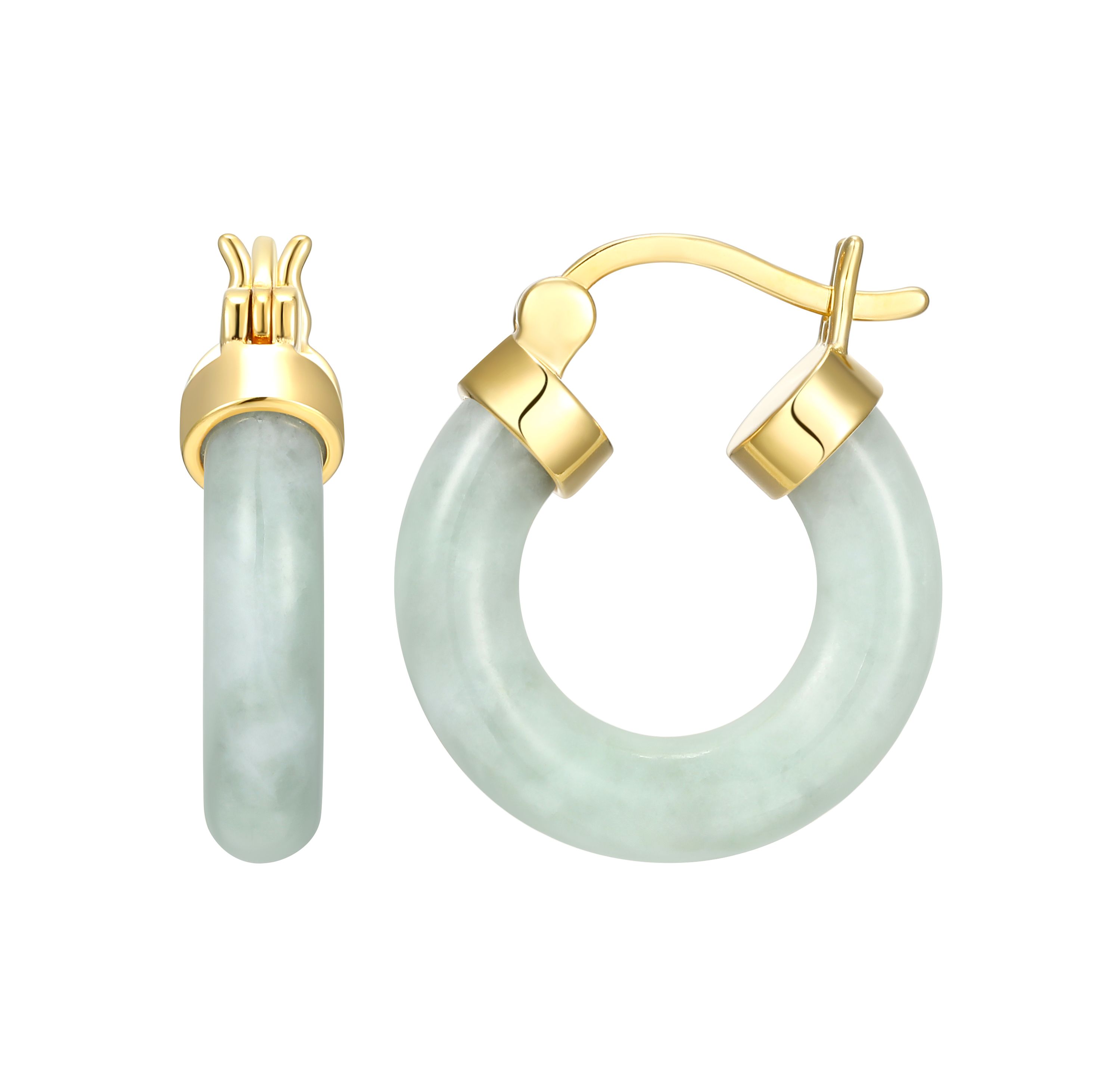 18k Yellow Gold Plated Sterling Silver Carved Genuine Green Jade 18mm Hoop Earrings