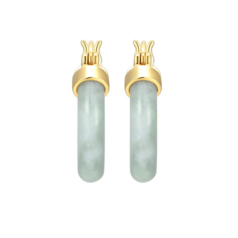 18k Yellow Gold Plated Sterling Silver Carved Genuine Green Jade 18mm Hoop Earrings