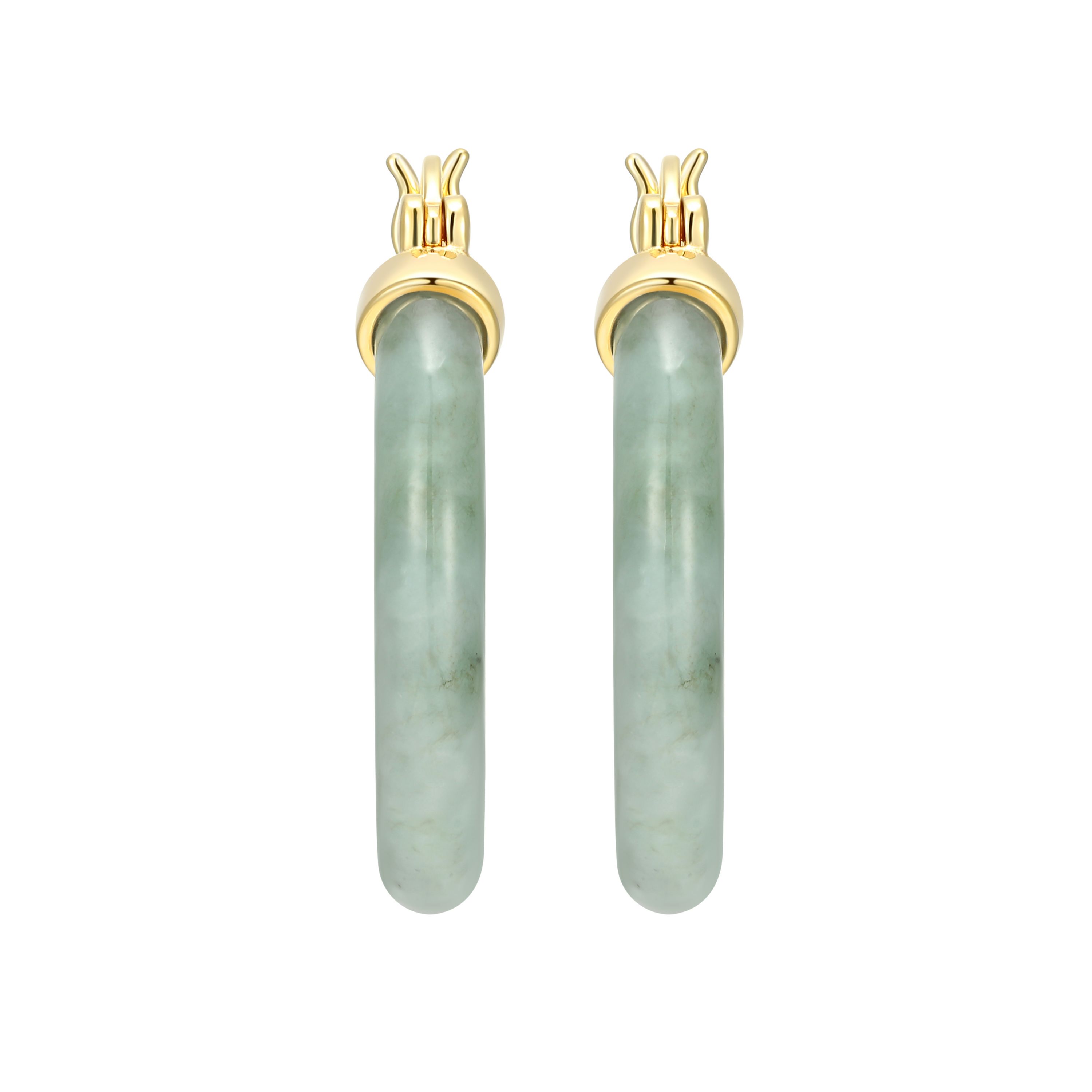 18k Yellow Gold Plated Sterling Silver Carved Genuine Green Jade 25mm Hoop Earrings