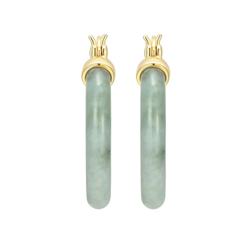 18k Yellow Gold Plated Sterling Silver Carved Genuine Green Jade 25mm Hoop Earrings