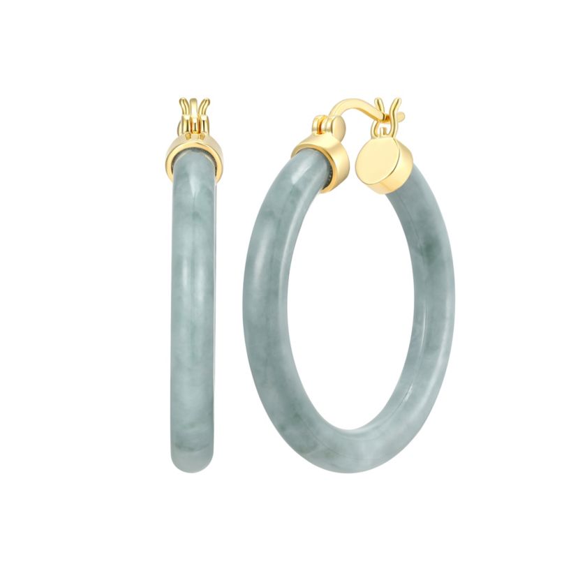 18k Yellow Gold Plated Sterling Silver Carved Genuine Green Jade 32mm Hoop Earrings