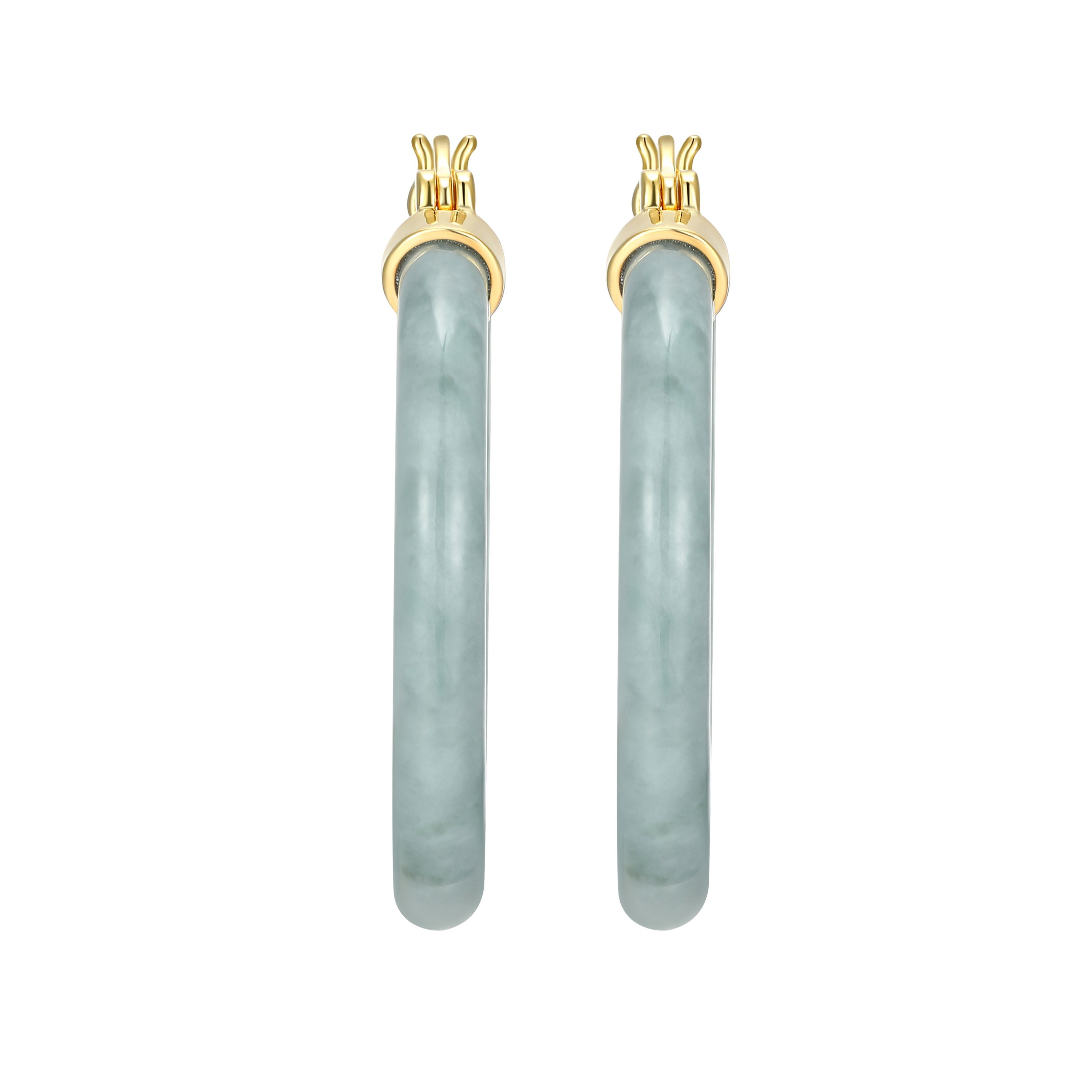 18k Yellow Gold Plated Sterling Silver Carved Genuine Green Jade 32mm Hoop Earrings