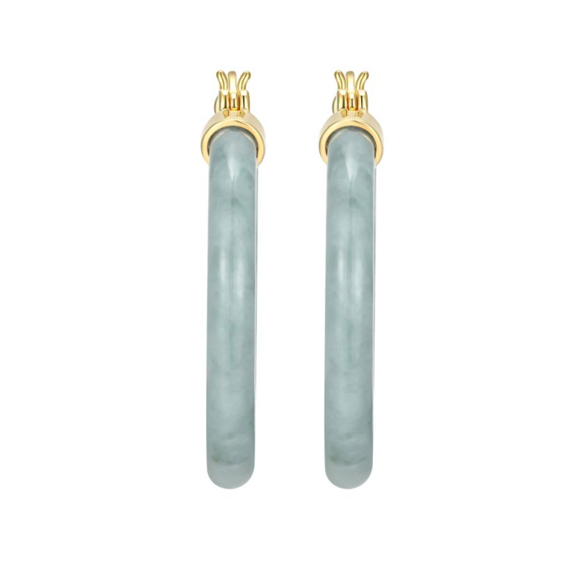 18k Yellow Gold Plated Sterling Silver Carved Genuine Green Jade 32mm Hoop Earrings