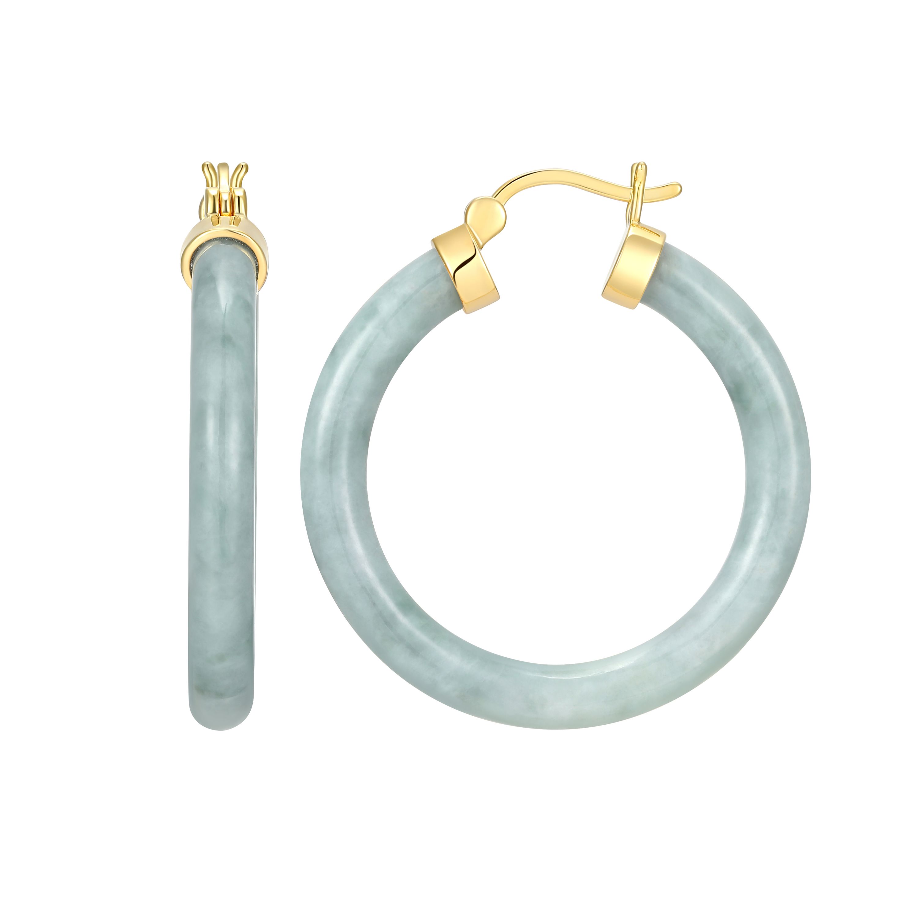 18k Yellow Gold Plated Sterling Silver Carved Genuine Green Jade 32mm Hoop Earrings
