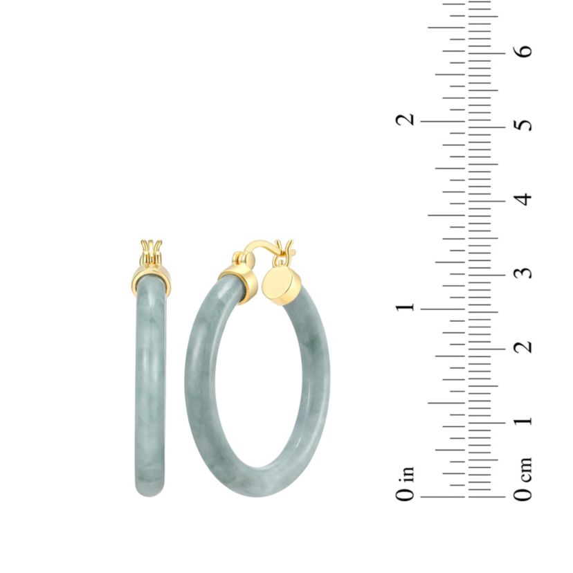 18k Yellow Gold Plated Sterling Silver Carved Genuine Green Jade 32mm Hoop Earrings