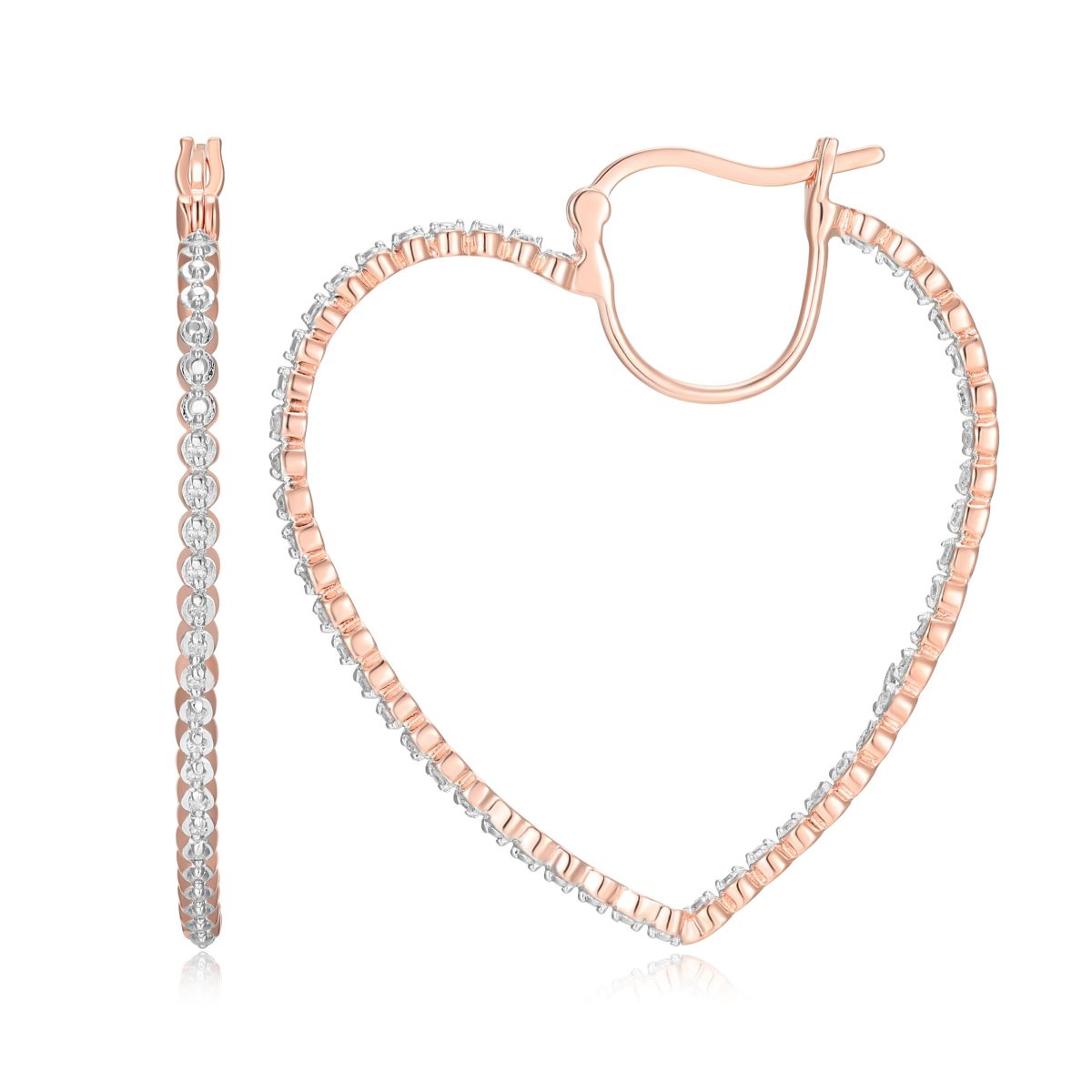 1/4 cttw Diamond Heart Hoop Earrings in 14k Rose Gold Plated Sterling Silver
