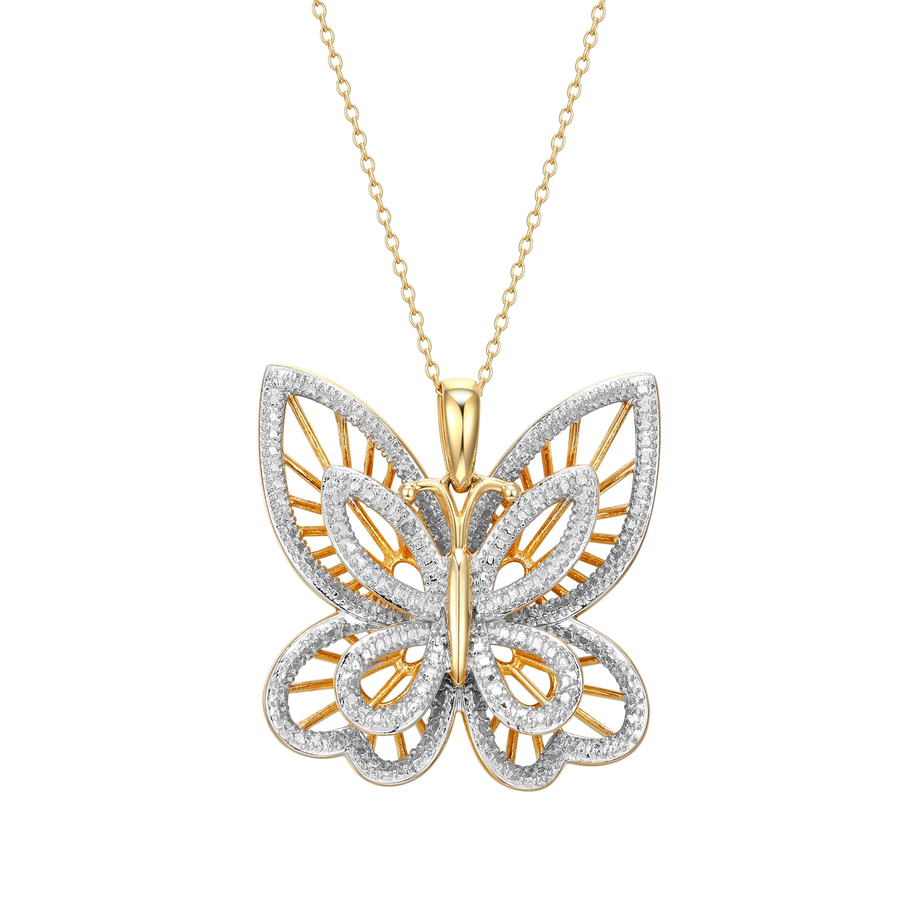 Diamond Accent Butterfly Pendant in 18k Yellow Gold Plated Sterling Silver with 18" Chain