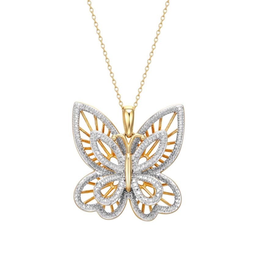 Diamond Accent Butterfly Pendant in 18k Yellow Gold Plated Sterling Silver with 18" Chain