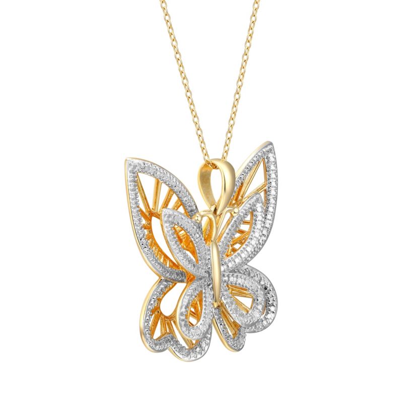 Diamond Accent Butterfly Pendant in 18k Yellow Gold Plated Sterling Silver with 18" Chain