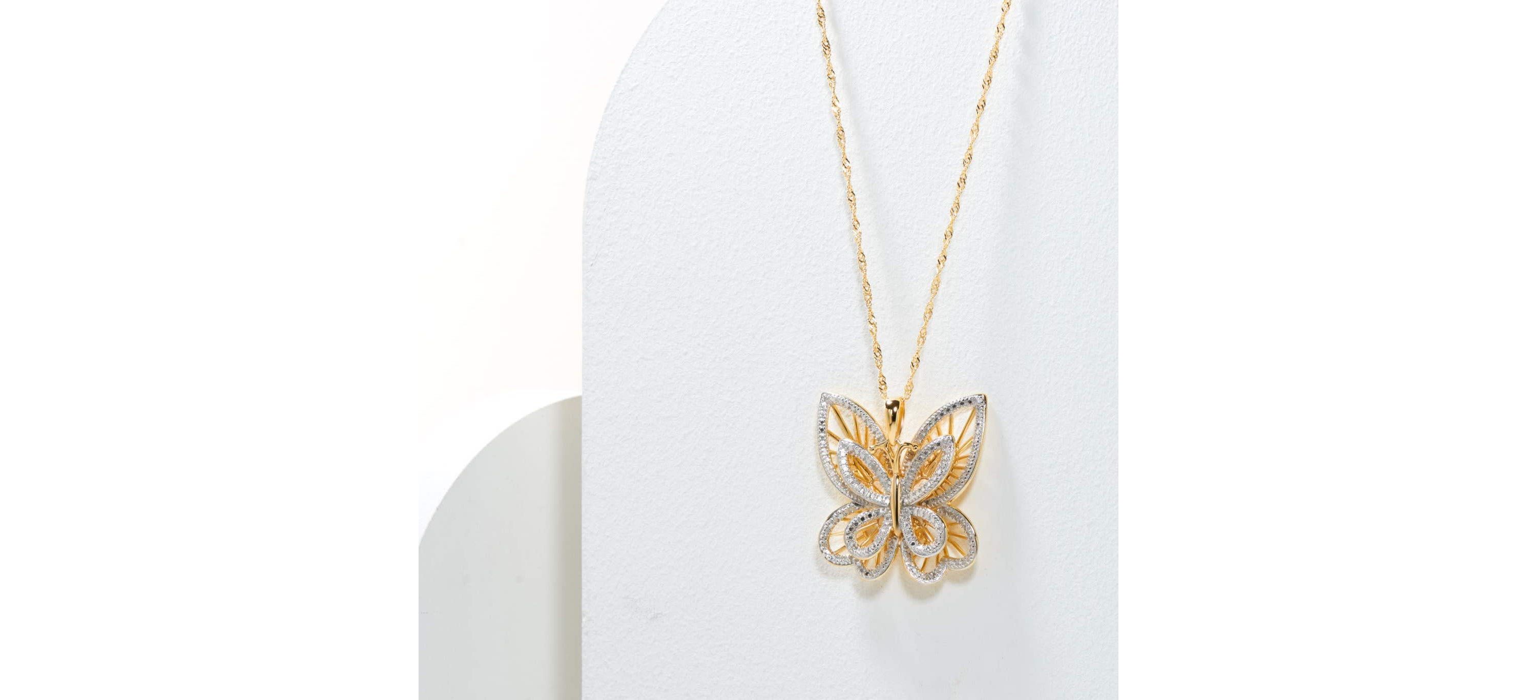 Diamond Accent Butterfly Pendant in 18k Yellow Gold Plated Sterling Silver with 18" Chain