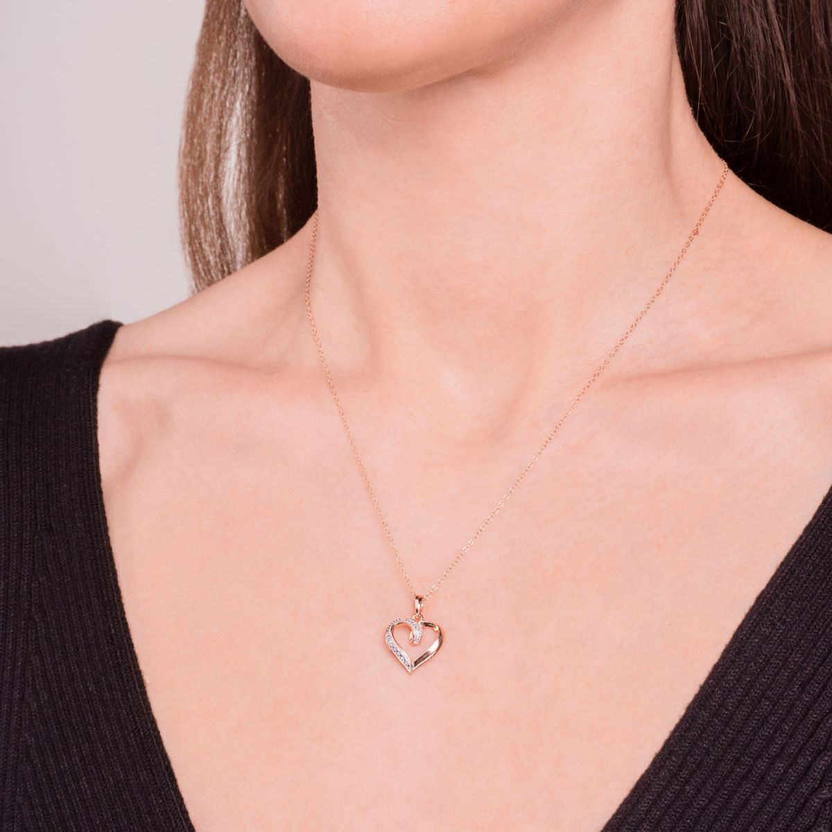 Diamond Accent Open Heart Pendant in 14k Rose Gold Plated Sterling Silver with 18" Cable Chain