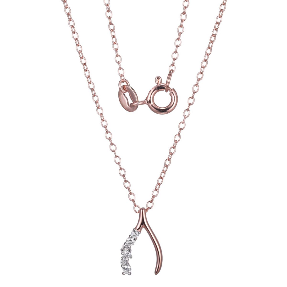 1/15 cttw Diamond Offset Wishbone Necklace in 14k Rose Gold Plated Sterling Silver with 18" Chain