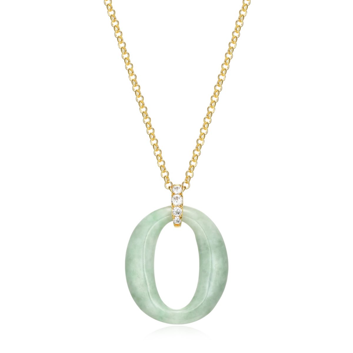 Genuine Green Jade and White Topaz Circle Pendant in 18K Gold-plated Sterling Silver