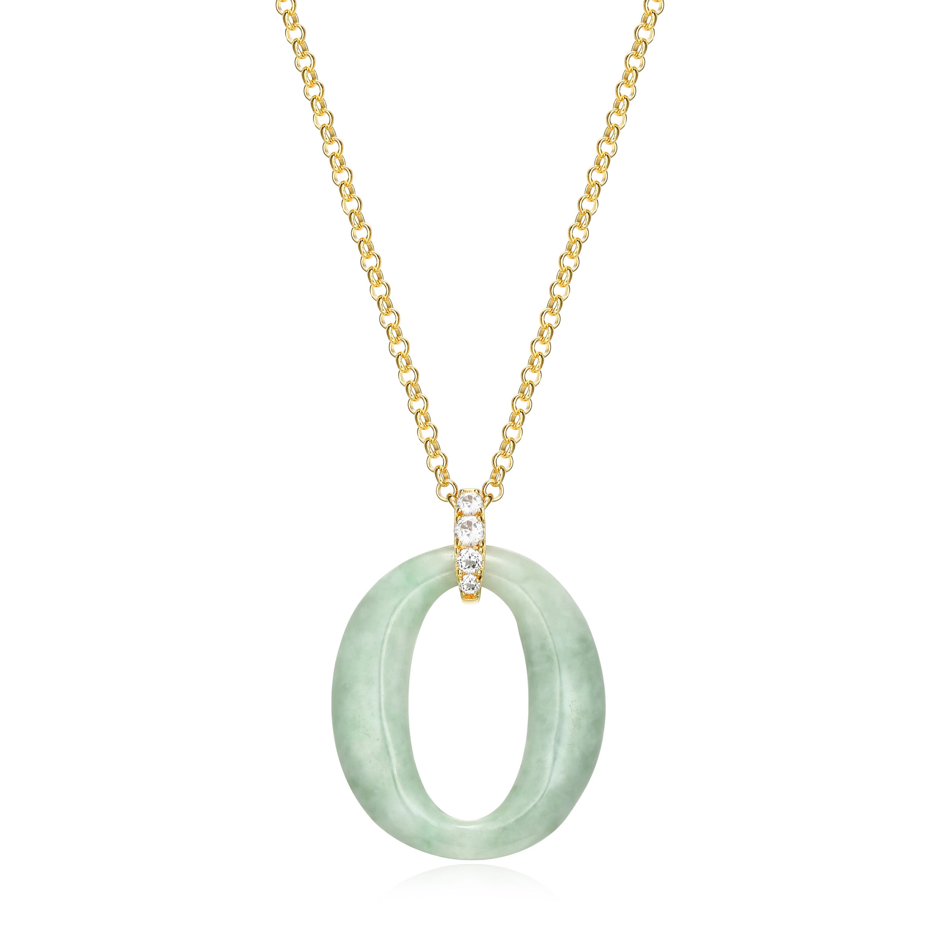 Genuine Green Jade and White Topaz Circle Pendant in 18K Gold-plated Sterling Silver