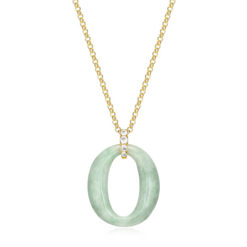 Genuine Green Jade and White Topaz Circle Pendant in 18K Gold-plated Sterling Silver