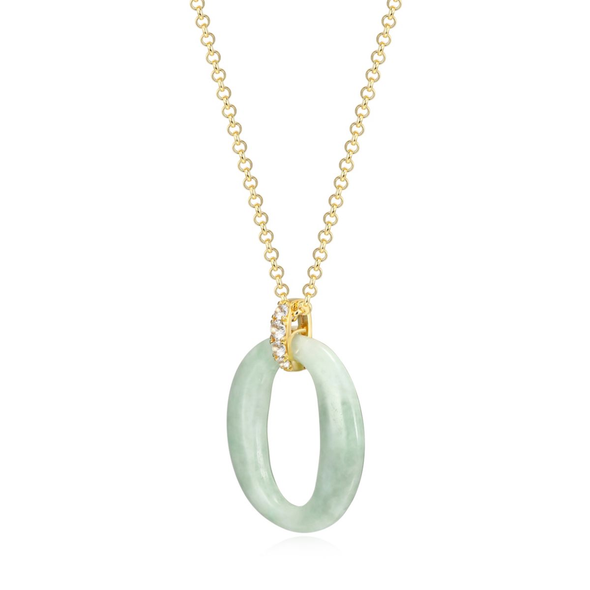 Genuine Green Jade and White Topaz Circle Pendant in 18K Gold-plated Sterling Silver
