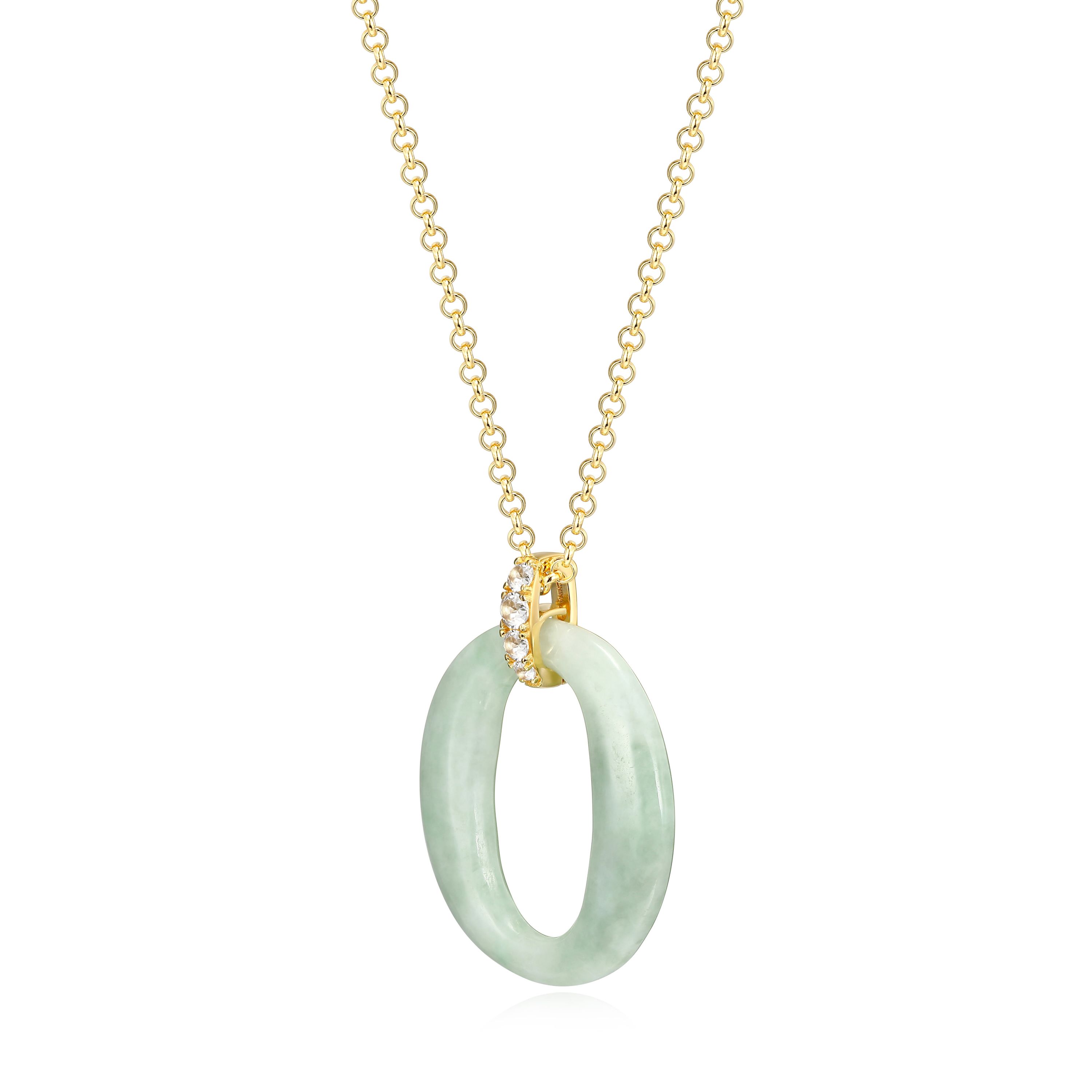 Genuine Green Jade and White Topaz Circle Pendant in 18K Gold-plated Sterling Silver