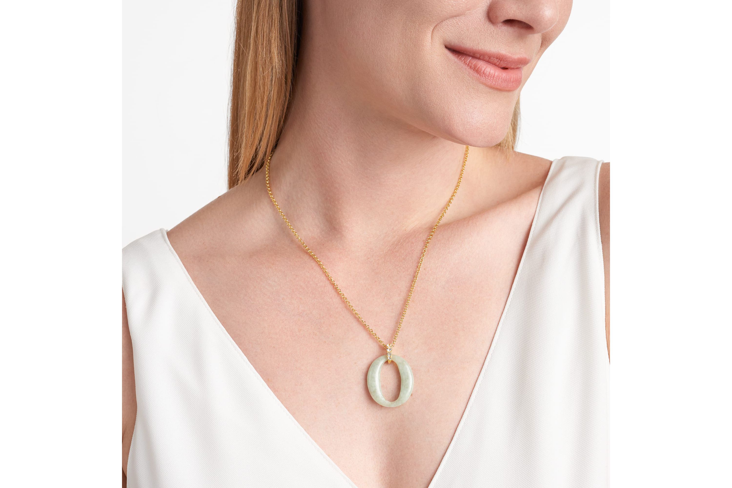 Genuine Green Jade and White Topaz Circle Pendant in 18K Gold-plated Sterling Silver