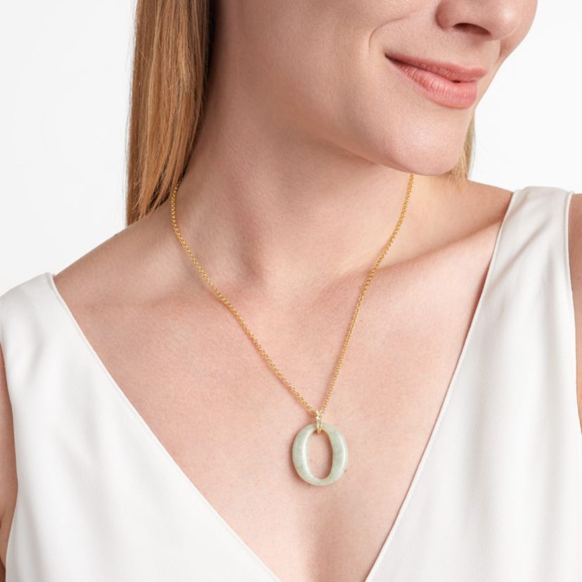 Genuine Green Jade and White Topaz Circle Pendant in 18K Gold-plated Sterling Silver