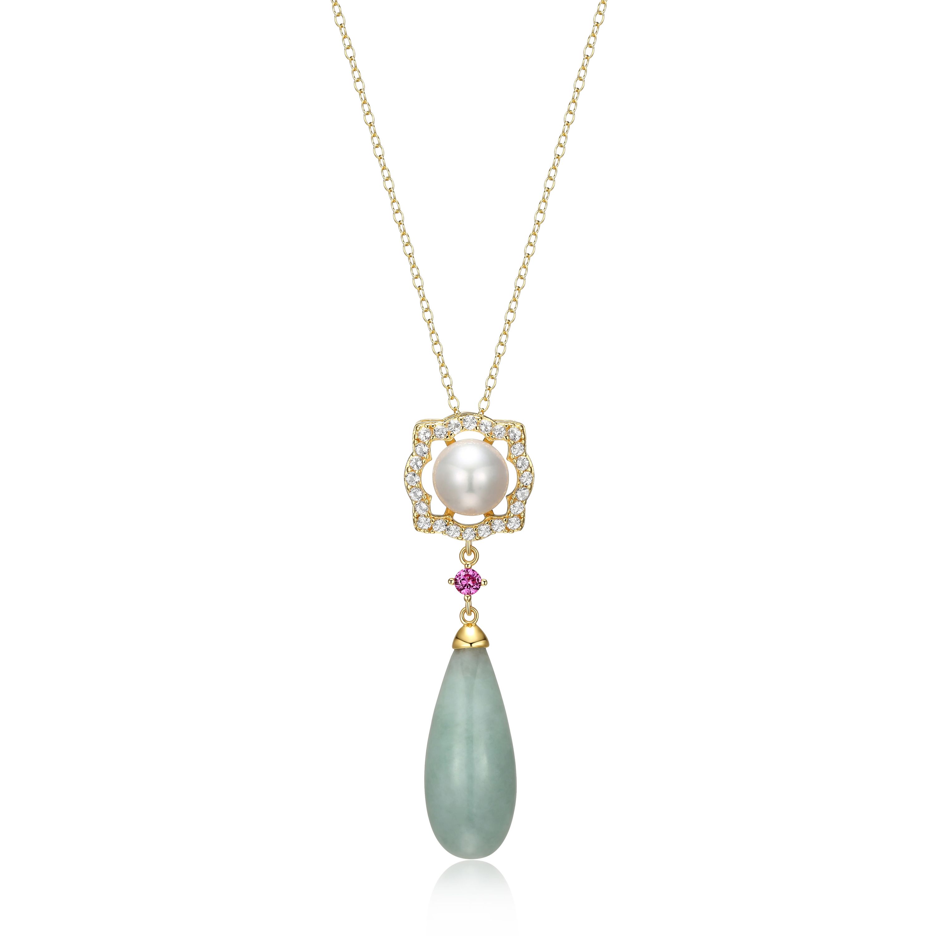 Genuine Jade & White Pearl Necklace in 18K Gold Plated Sterling Silver
