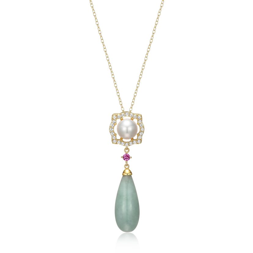 Genuine Jade & White Pearl Necklace in 18K Gold Plated Sterling Silver