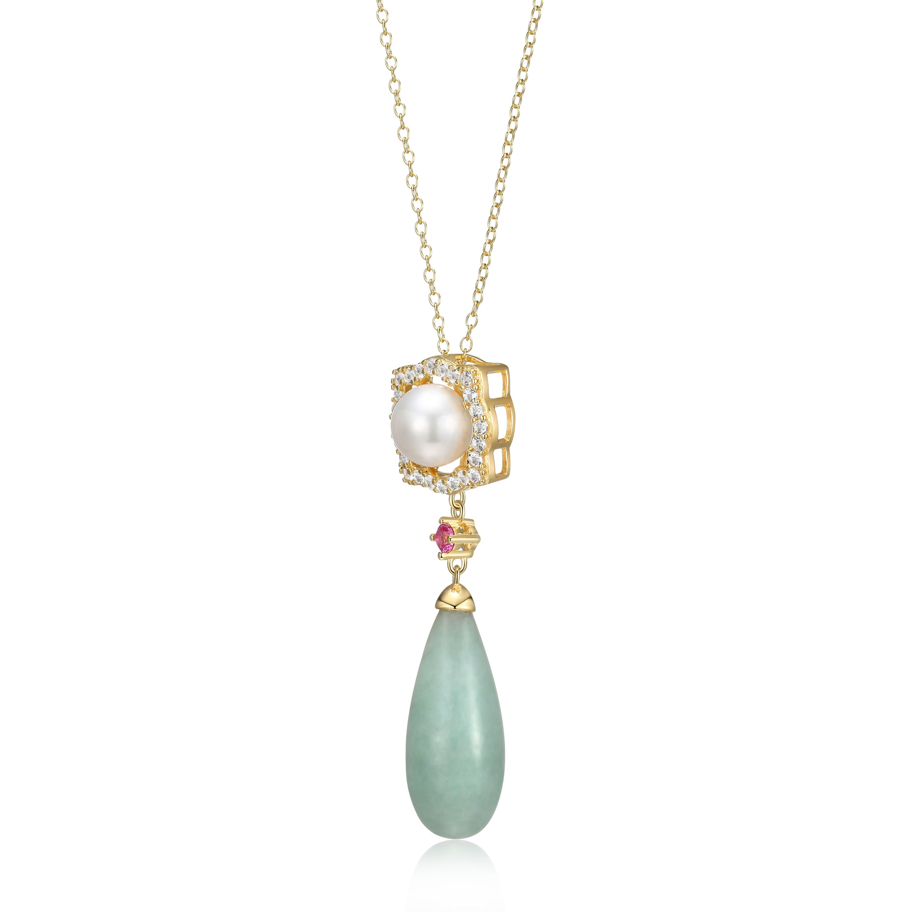 Genuine Jade & White Pearl Necklace in 18K Gold Plated Sterling Silver