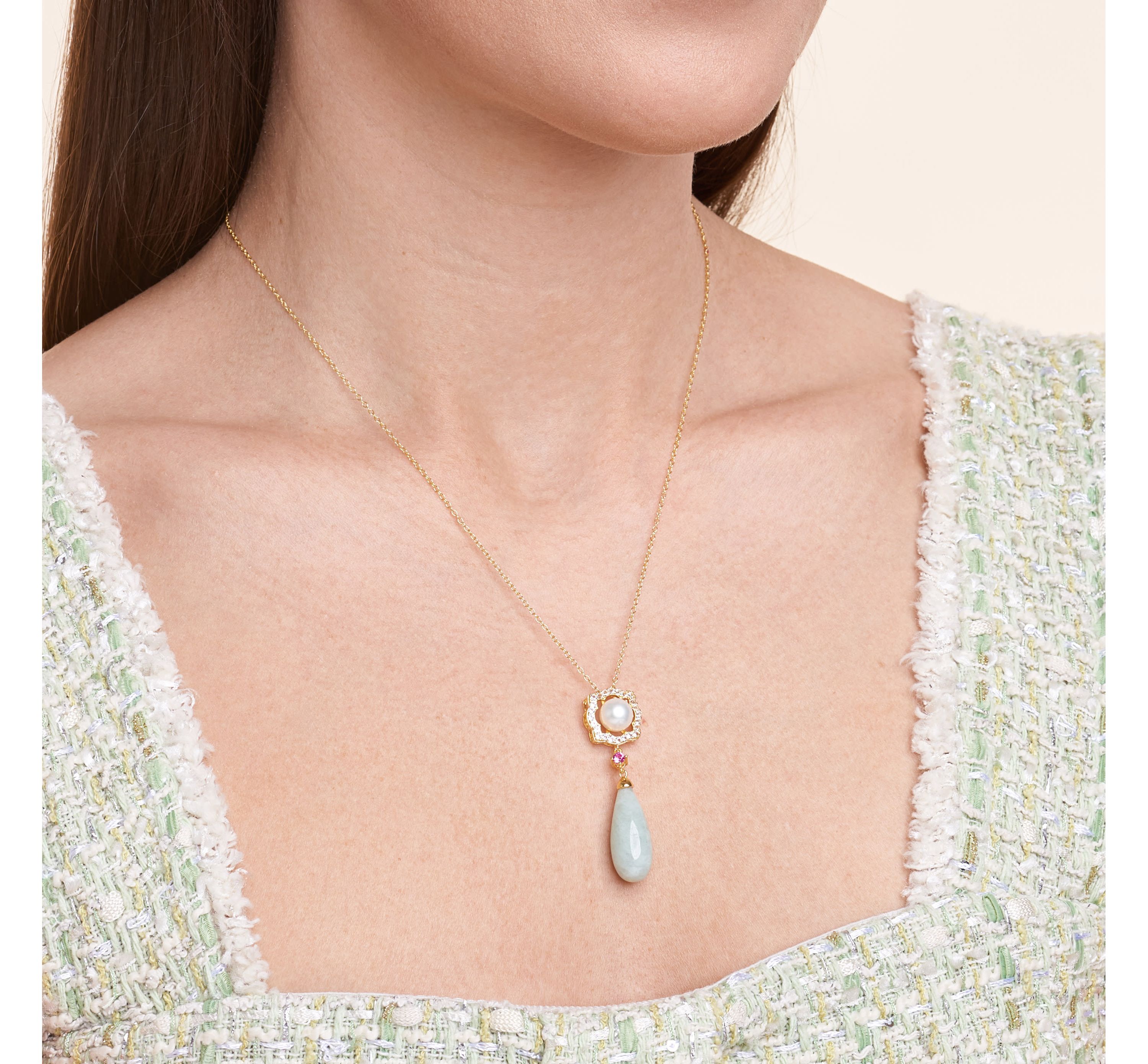 Genuine Jade & White Pearl Necklace in 18K Gold Plated Sterling Silver