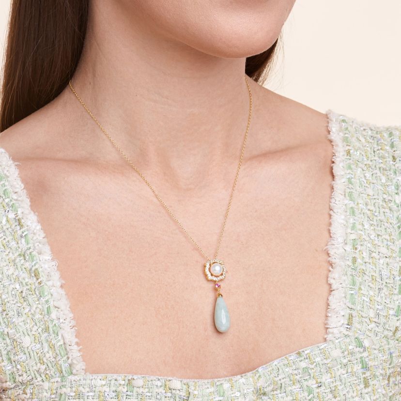 Genuine Jade & White Pearl Necklace in 18K Gold Plated Sterling Silver
