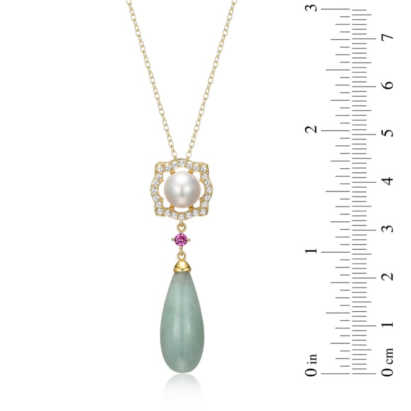 Genuine Jade & White Pearl Necklace in 18K Gold Plated Sterling Silver