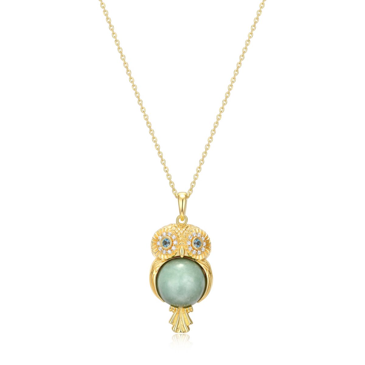 18k Gold Plated Sterling Silver Jade , Blue Topaz and Cubic Zirconia Owl Pendant Necklace